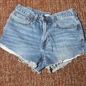 Cutoff denim shorts. High waisted cutoffs. Medium wash daisy duke cutoff jeans